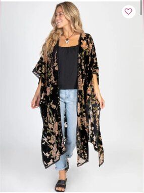 NWT Natural Life Black Floral Velvet Burn Out Duster Kimono